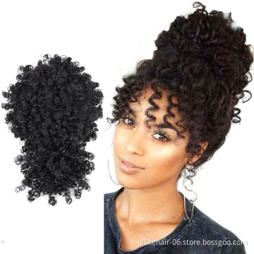 Wholesale Brown Black Drawstring Ponytail Puff Hair Pieces Short Afro Kinky Curly Chignon With Bang Synthetic Hair Bun Extension